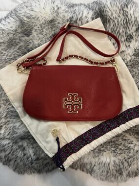 Tory Burch Pebbled Leather Logo Crossbody Bag Magnetic Red w/Dustbag